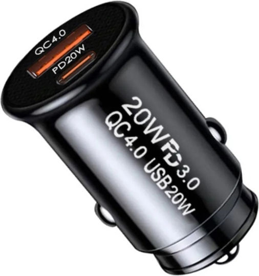 Fast Charge Car Charger PD20W QC 4.0 Type-C USB 2in1 Skyddar Minifusex Set Sticker Black