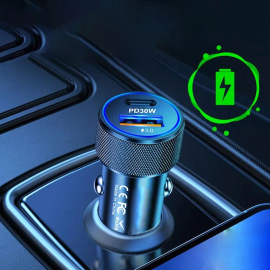 Încărcător Auto Fast Charge Pd 30w Qc 3.0 Type-C Usb Led Lights Skyddar Voltduo Set Sticker Negru