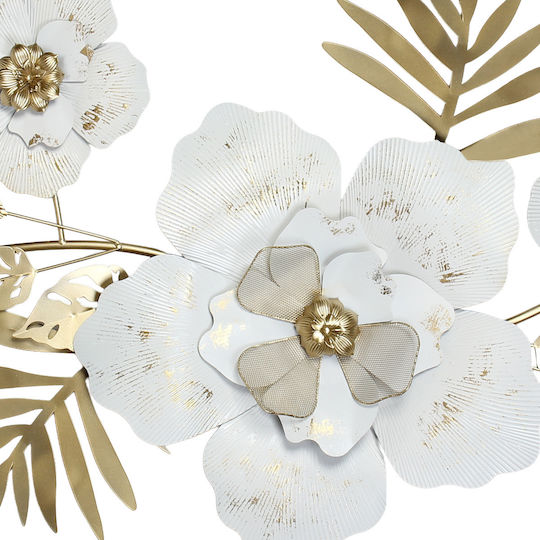 Metallisches Wandgemälde 130x72 cm Aus Weiß Gold Blumen Blätter Keskor 46003