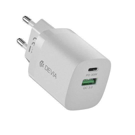 Devia Ladegerät ohne Kabel mit USB-C Anschluss 30W Stromlieferung Weißς (Smart)