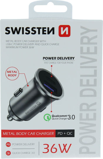 Swissten Car Charger 36W 3A Fast Charging with Ports: 1xUSB 1xType-C Silver Color
