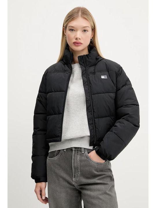 Crop Γυναικείο Puffer Μπουφάν Αδιάβροχο για Χειμώνα Μαύρο