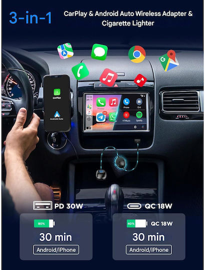 Încărcător Auto 3 În 1 Apple Carplay Android Auto Adaptor Auto 48W Încărcare Rapidă USB-C PD USB-A QC Compatibil cu iPhone iOS 10+ Android 11+ Mașini După 2015 Negru
