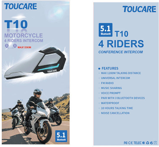 Toucare Ενδοεπικοινωνία Μονή για Κράνος Μηχανής με Bluetooth