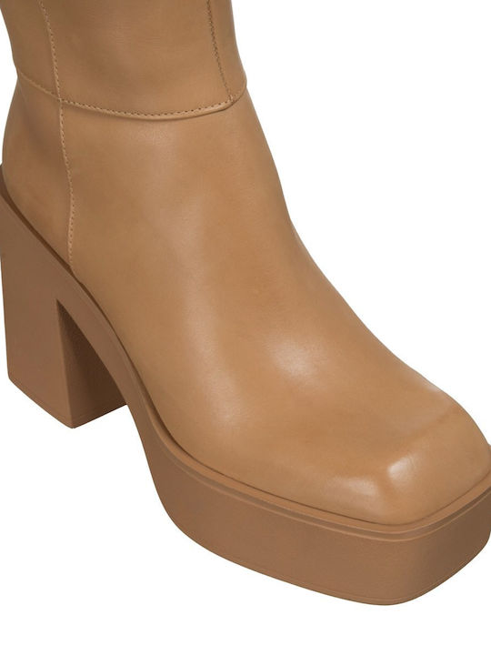 Leather High Heel Women's Boots Tabac Brown