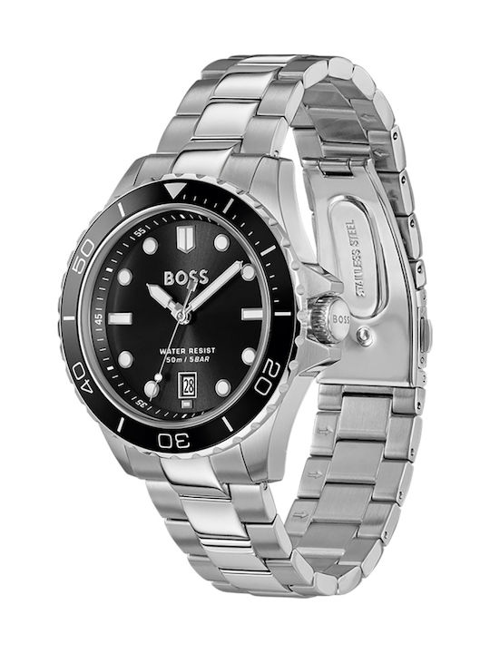 Boss Troper Ανδρικό Ρολόι 42mm Μπαταρίας με Ασημί Μεταλλικό Μπρασελέ