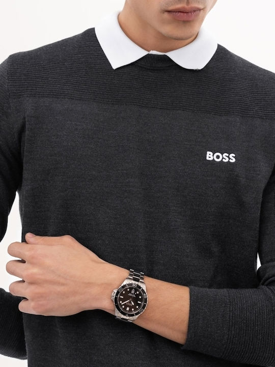 Boss Troper Ανδρικό Ρολόι 42mm Μπαταρίας με Ασημί Μεταλλικό Μπρασελέ