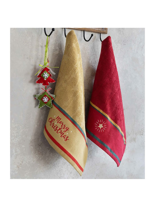 Nima Christmas Star Set Christmas Towels Fabric Red L60xW40cm. 2pcs