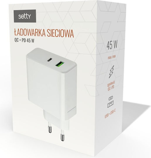 Setty Φορτιστής Χωρίς Καλώδιο με Θύρα USB-A και Θύρα USB-C 45W Power Delivery Λευκός (LSI-01)