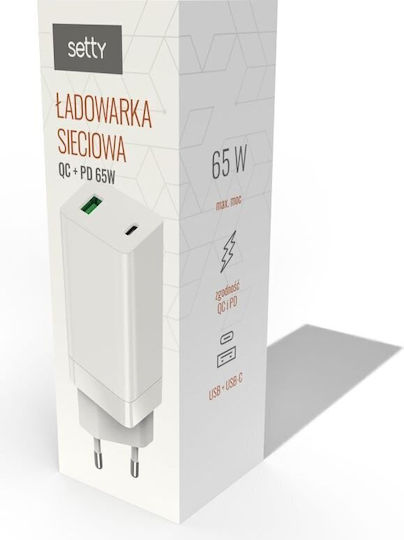 Setty Φορτιστής Χωρίς Καλώδιο GaN με Θύρα USB-A και Θύρα USB-C 65W Power Delivery Λευκός (LSI-02)