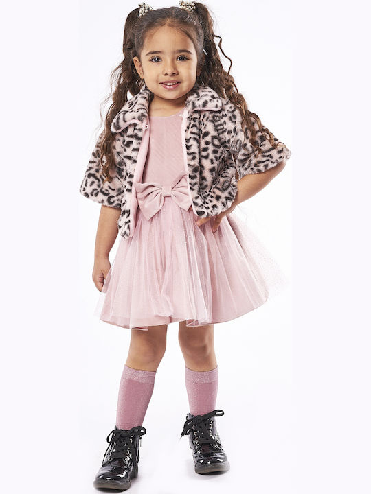 Mädchenkleid Kurzärmelig Samt Set aus 2 mit Mantel Schwarz-Rosa