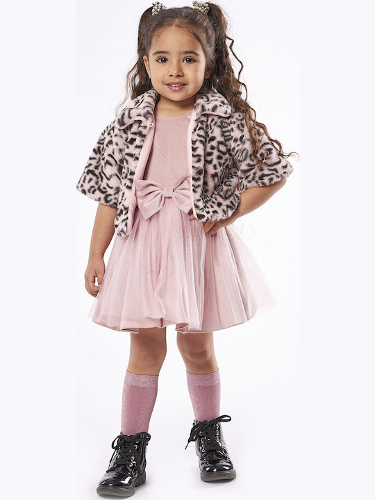 Mädchenkleid Kurzärmelig Samt Set aus 2 mit Mantel Schwarz-Rosa