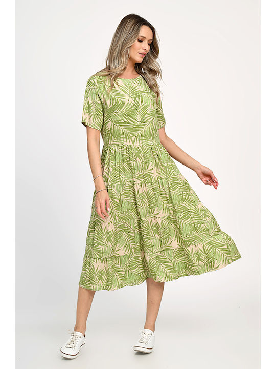 Summer Midi Dress Wrap with Ruffles Leafy Green