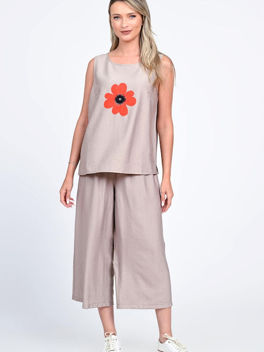Damen Beige Set mit Hose mit Gummizug in Lockerer Passform Blumen