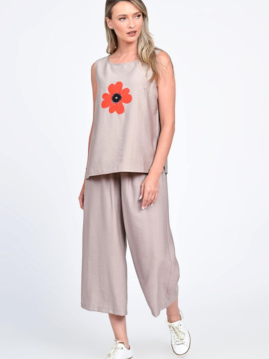 Damen Beige Set mit Hose mit Gummizug in Lockerer Passform Blumen