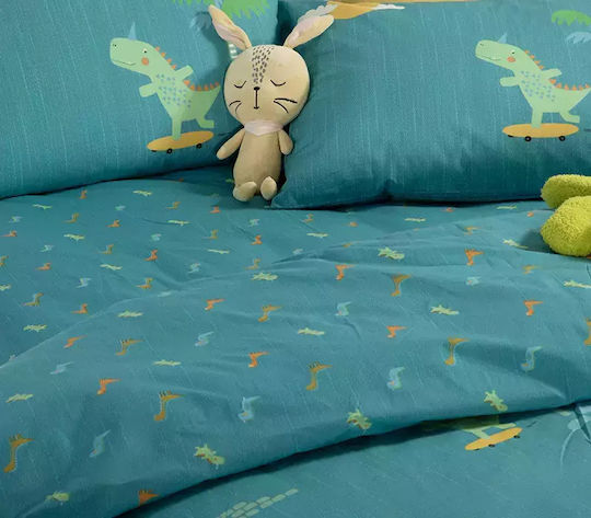 Nef-Nef Homeware Σετ Σεντόνια Μονά Βαμβακερά Dinos On Wheels Μπλε 170x260cm 3τμχ