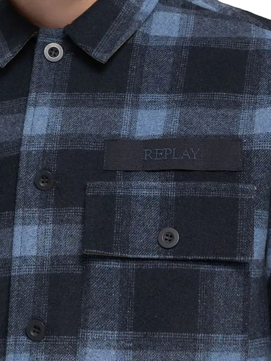 Μακρυμάνικo Overshirt σε Κανονική Γραμμή Καρό Μπλε