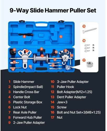 Vevor 9-way Slide Hammer Puller Set Front Rear Wheel Hub Bearing Remover 15pcs