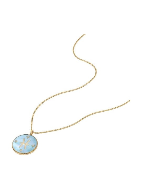 Fossil Zodiac Sign Pisces Necklace in Gold Plated Steel with Zircon Blue