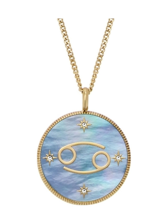 Fossil Zodiac Sign Necklace Cancer in Gold Plated Steel with Pearls & Zircon Light Blue