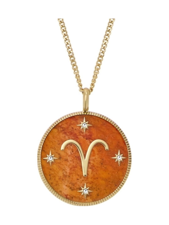 Fossil Halskette Tierkreiszeichen Widder aus Vergoldetem Stahl mit Zirkon Orange