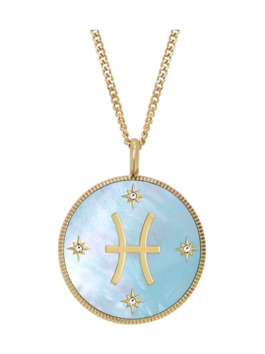 Fossil Zodiac Sign Pisces Necklace in Gold Plated Steel with Zircon Blue