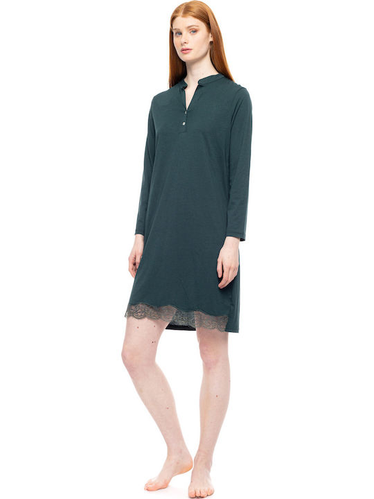Pink Label Χειμερινό Βαμβακερό Γυναικείο Νυχτικό Dark Green Pink Label Χειμερινό Βαμβακερό Γυναικείο Νυχτικό Dark Green