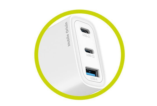 Mobile Origin Charger Without Cable GaN with USB-A Port and 2 USB-C Ports 40W Power Delivery Whites (MO13)