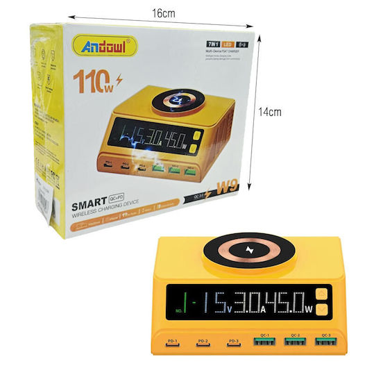 Andowl Ασύρματος Φορτιστής (Qi Pad) με 3 Θύρες USB-A και 3 Θύρες USB-C 110W Power Delivery Κίτρινος (W9)