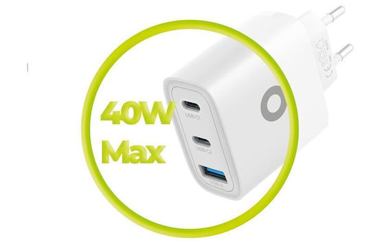 Mobile Origin Charger Without Cable GaN with USB-A Port and 2 USB-C Ports 40W Power Delivery Whites (MO13)