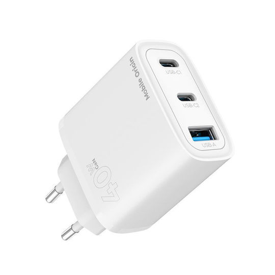 Mobile Origin Charger Without Cable GaN with USB-A Port and 2 USB-C Ports 40W Power Delivery Whites (MO13)