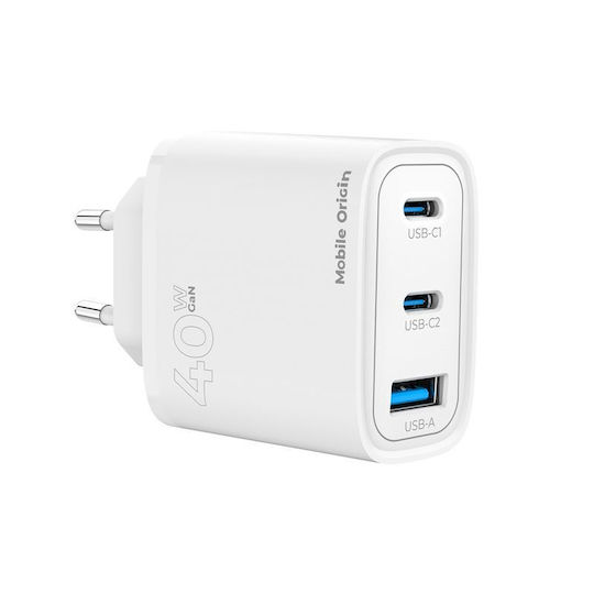 Mobile Origin Charger Without Cable GaN with USB-A Port and 2 USB-C Ports 40W Power Delivery Whites (MO13)