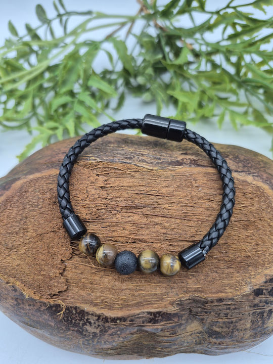 Leather Bracelet Beads Eye Tiger & Lava – Strength & Protection
