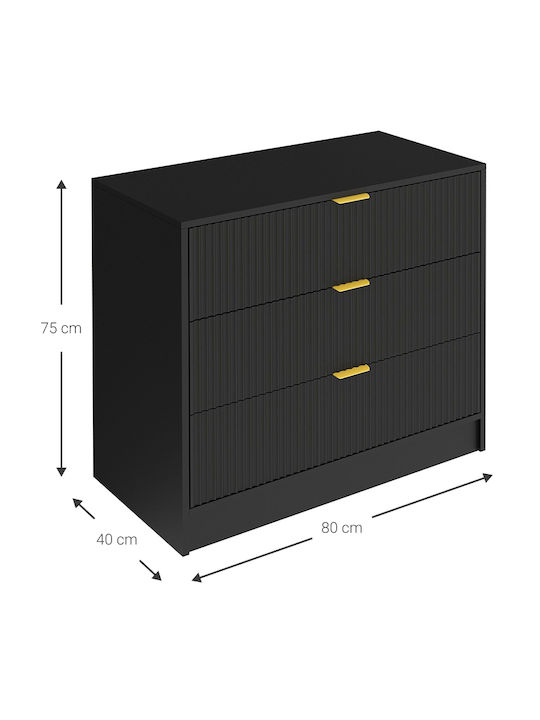Bedroom Chest of Drawers Wooden Allegro with 3 Drawers Black 80x40x75cm