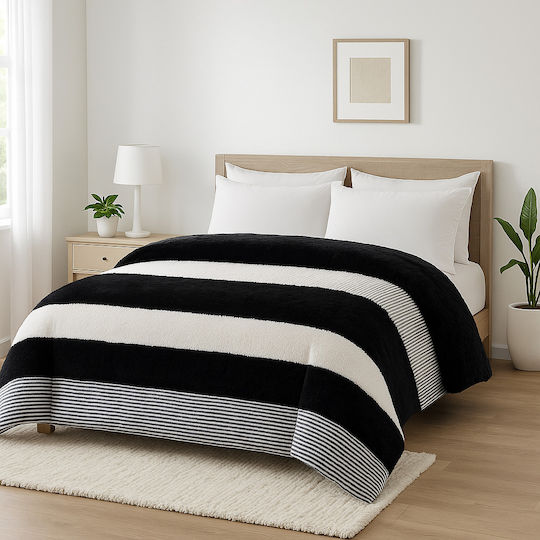 Thermal Duvet Cover Plush Shaggy Stripe Double Grey-Black 220x240 Qbl-146blgr