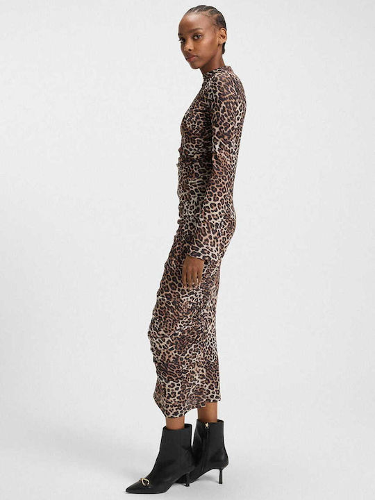 Midi Βραδινό Φόρεμα με Διαφάνεια Animal Print