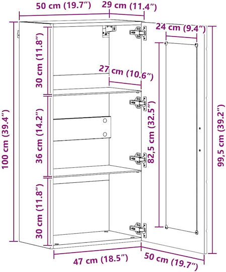 Wall Living Room Display Cabinet made of Particleboard with Glass Coffee 55x29x100cm
