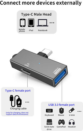 Techsuit Μετατροπέας USB-C male σε USB-A female Γκρι 1τμχ