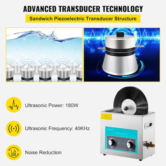 Vevor Ultrasonic Vinyl Record Cleaner 6L 40kHz Vinyl Ultrasonic Cleaning Machine Knob Control Record Ultrasonic Cleaner for 4 Records Vinyl Sonic Cleaner Stainless Steel Tank with Mechanical Heater & Timer