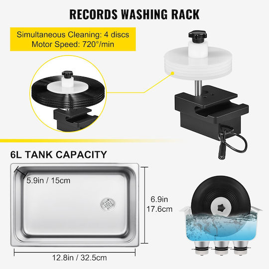 Vevor Ultrasonic Vinyl Record Cleaner 6L 40kHz Vinyl Ultrasonic Cleaning Machine Knob Control Record Ultrasonic Cleaner for 4 Records Vinyl Sonic Cleaner Stainless Steel Tank with Mechanical Heater & Timer