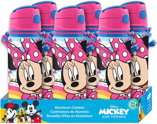 Minnie Mouse Sticlă Pentru Copii Minnie Din Aluminiu Cu Pai Roz 600ml (Diverse Modele/Culori)