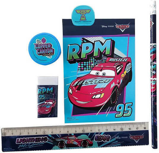 Gim Cars Set de Papetărie pentru Copii cu Creion, Așcutitoare, Radieră, Caiet de Notițe, Riglă și Cutie pentru Creioane Cars 6buc