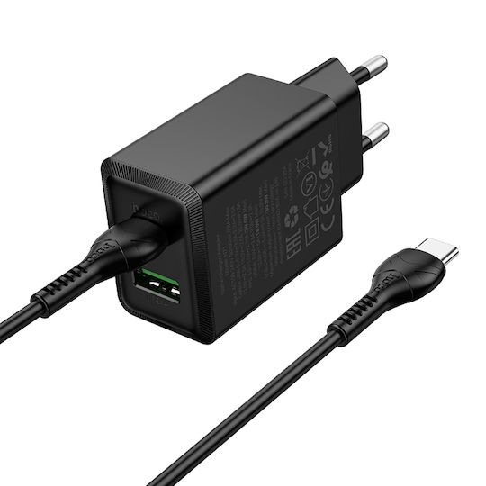 Hoco Charger GaN with USB-A Port and USB-C Port and Cable USB-C - USB-C 30W Power Delivery Blacks (N71 Nuevo)
