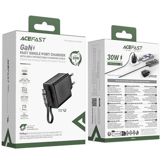 Acefast Φορτιστής GaN με Θύρα USB-C και Καλώδιο USB-C 30W Quick Charge 3.0 Μαύρος (A110)