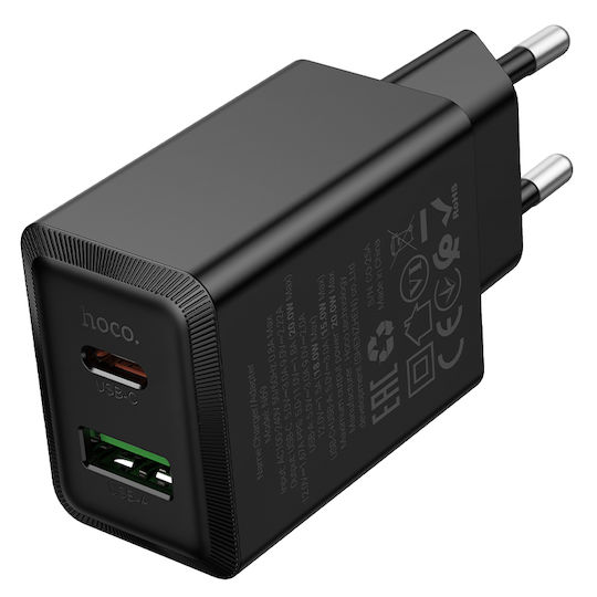 Hoco Charger Without Cable with USB-A Port and USB-C Port 20W Power Delivery Blacks (N69 Nuevo)