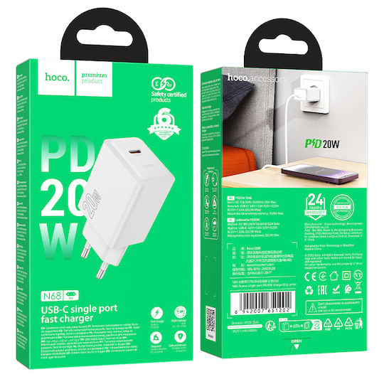 Hoco Charger Without Cable with USB-C Port 20W Power Delivery Whites (N68 Nuevo)