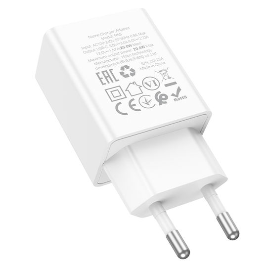 Hoco Charger Without Cable with USB-C Port 20W Power Delivery Whites (N68 Nuevo)