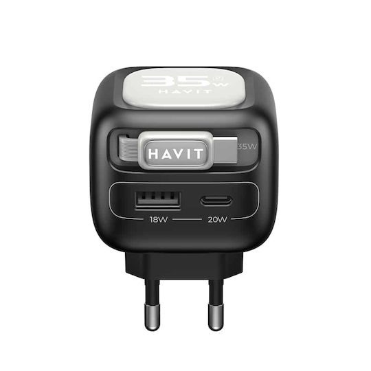 Havit Φορτιστής GaN με Θύρα USB-A και Θύρα USB-C και Καλώδιο USB-C 35W Μαύρος (UC251)