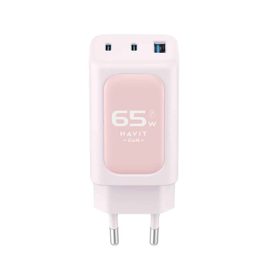 Havit Зарядно без кабел с USB-A порт и 2 USB-C порта 65W Розов (UC260)