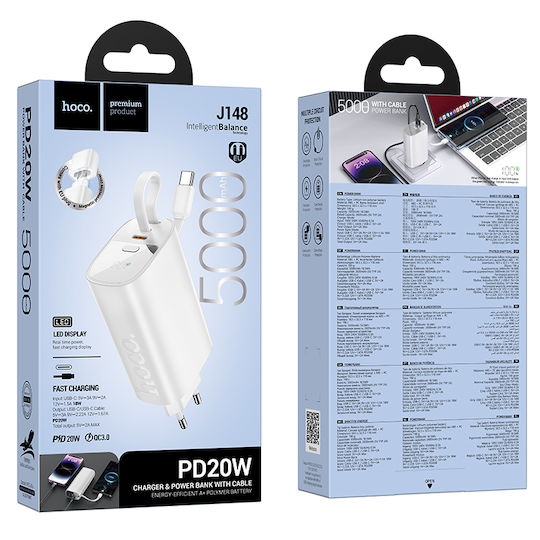Hoco Hoco Φορteur mit USB-C Ausgangsanschlüsse und Kabel USB-C 20W Stromlieferung Weiß (J148)